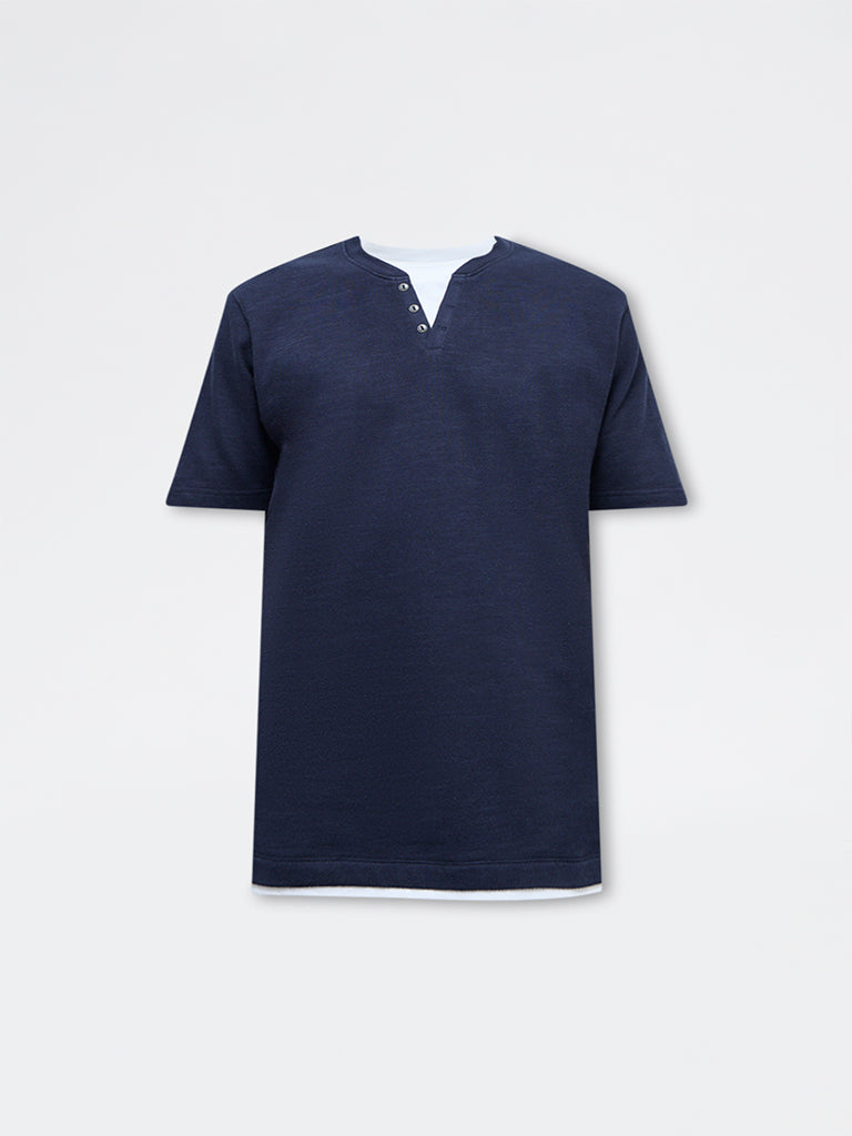 WES Casuals Navy Textured Relaxed Fit Cotton T-Shirt