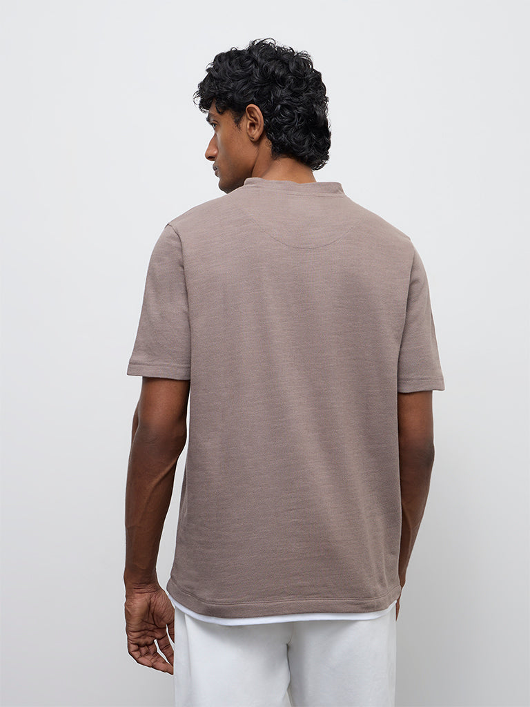 WES Casuals Taupe Relaxed-Fit Textured Cotton T-Shirt