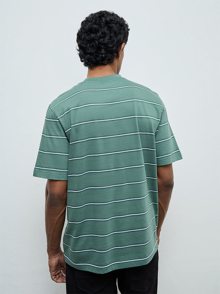 WES Casuals Green Striped Relaxed-Fit Cotton T-Shirt