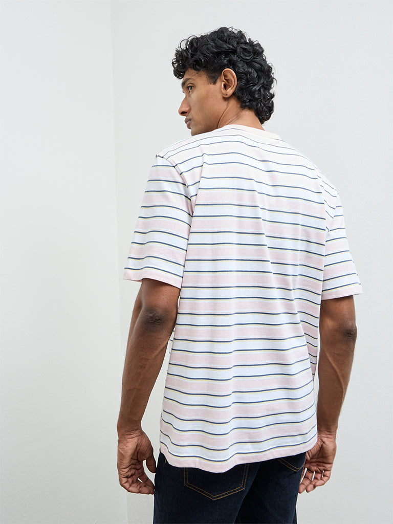 WES Casuals Light Pink Striped Relaxed Fit Cotton T-Shirt