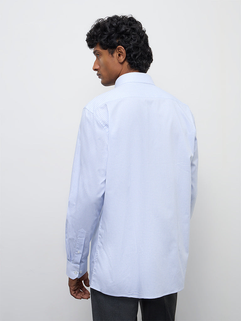 WES Formals Blue Checks Printed Relaxed-Fit Cotton T-Shirt