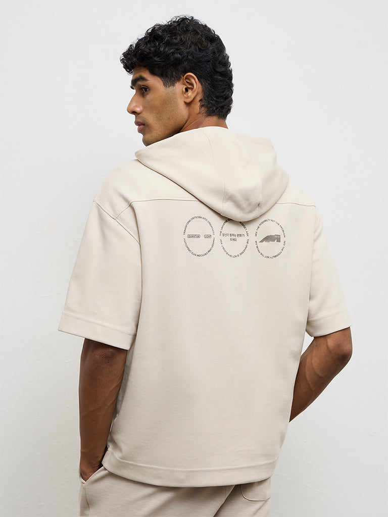 Nuoflexx Light Beige Printed Relaxed-Fit Cotton-Blend Hoodie