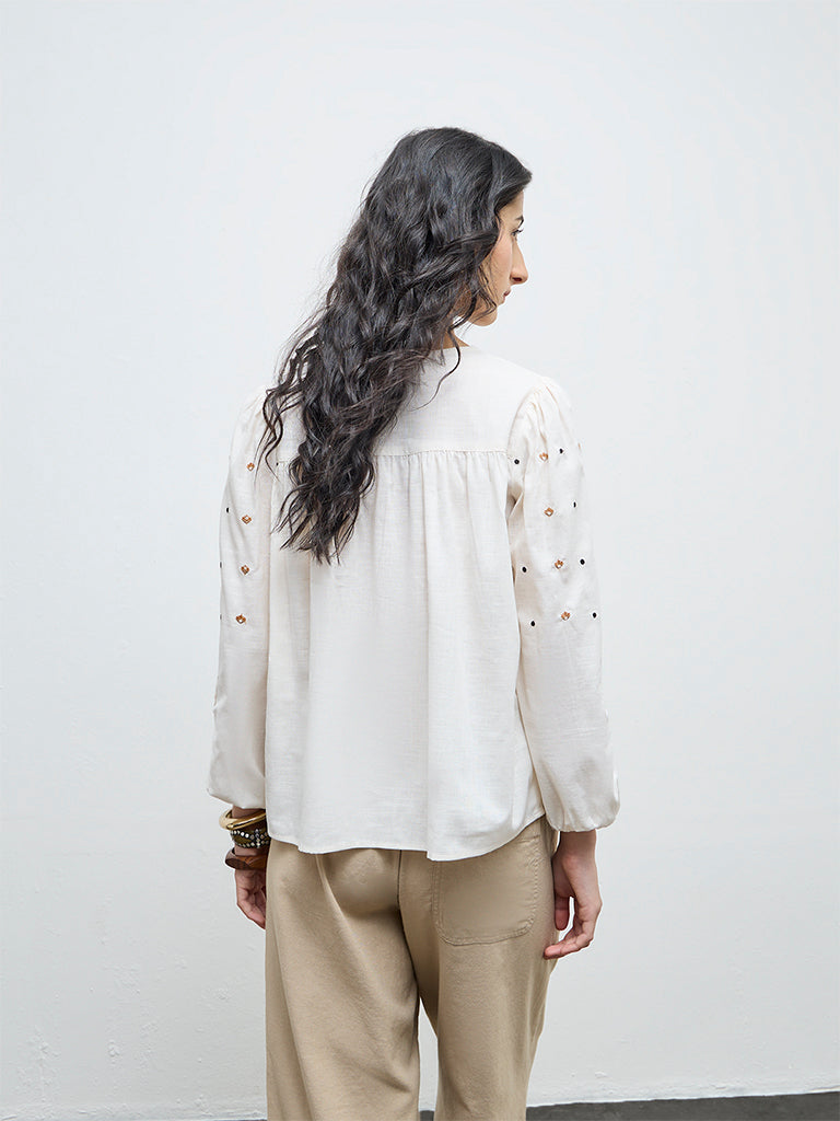 Bombay Paisley Off-White Floral Embroidered Cotton Top