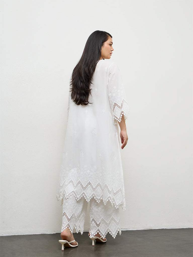 Diza White Embroidered A-Line Cotton Kurta