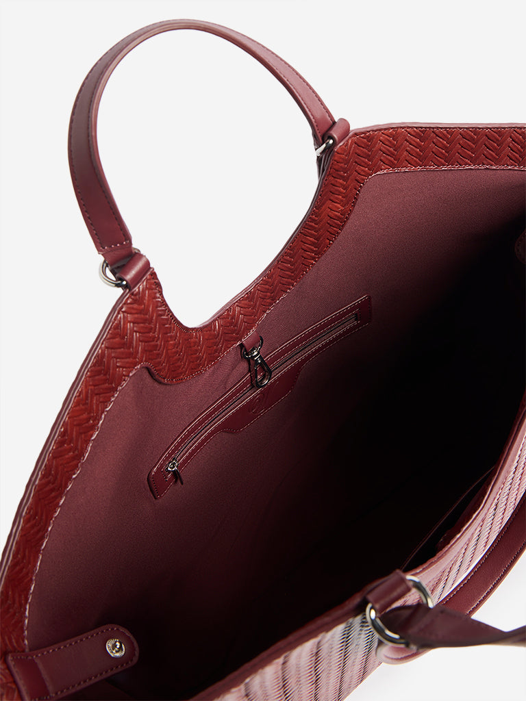 Westside Burgundy Woven Textured Handbag with Pouch