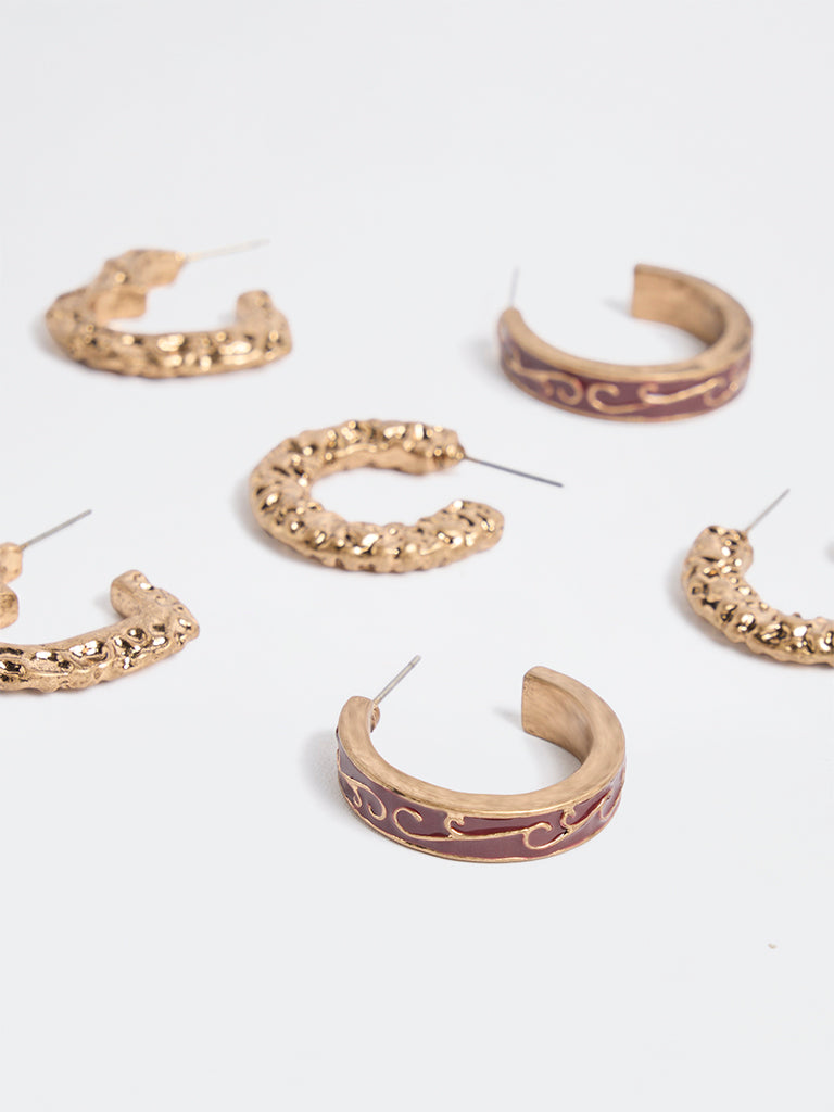 Westside Accessories Gold and Burgundy Textured Hoop Earrings - Pack of 3