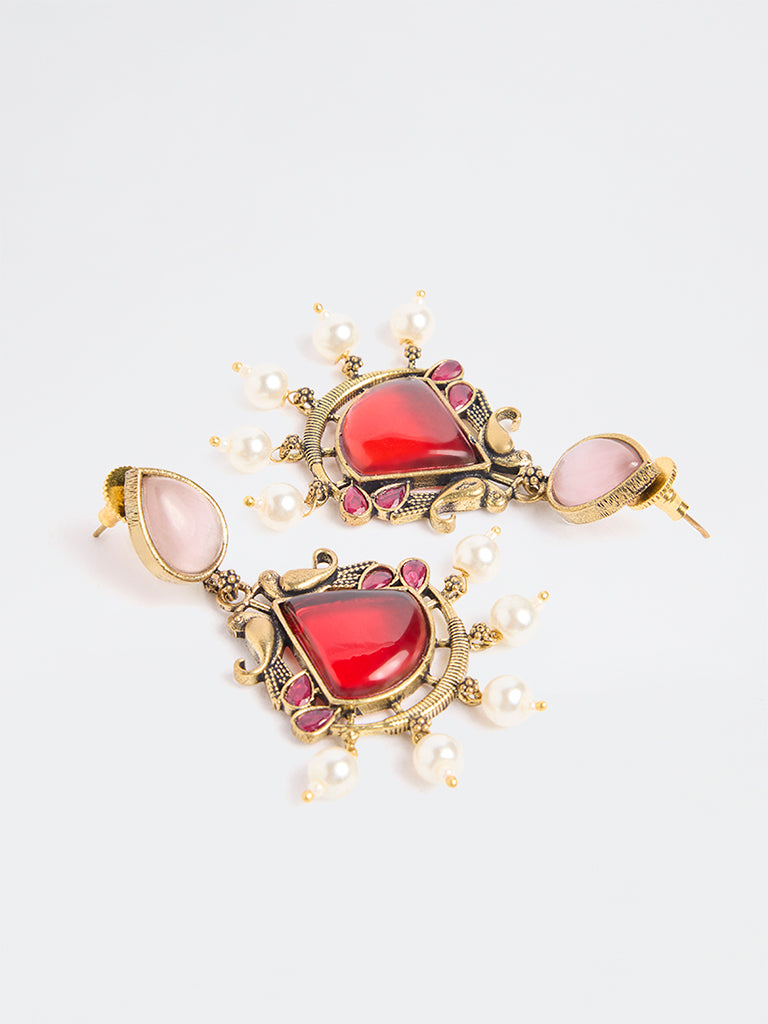 Westside Accessories Red Stone and Pearl Jhumki Earrings