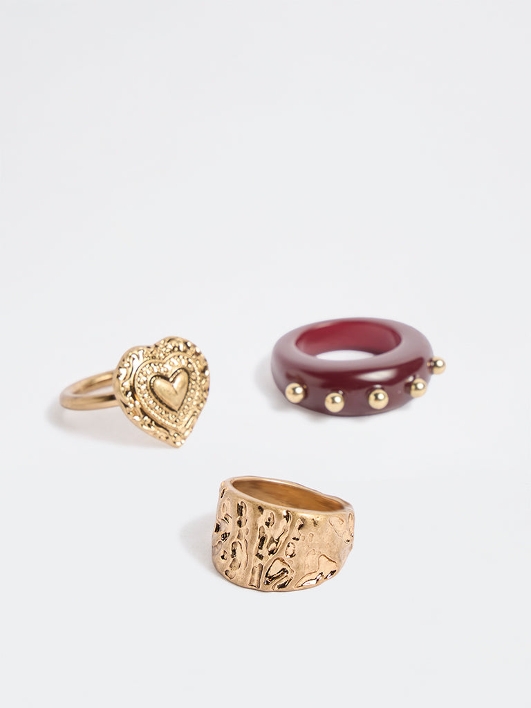 Westside Accessories Gold and Burgundy Statement Rings - Pack of 3