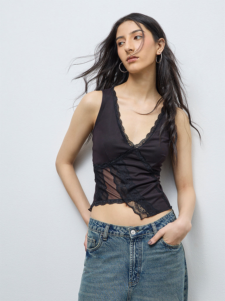 Buy Nuon Black Lace Detailed Mesh Top from Westside