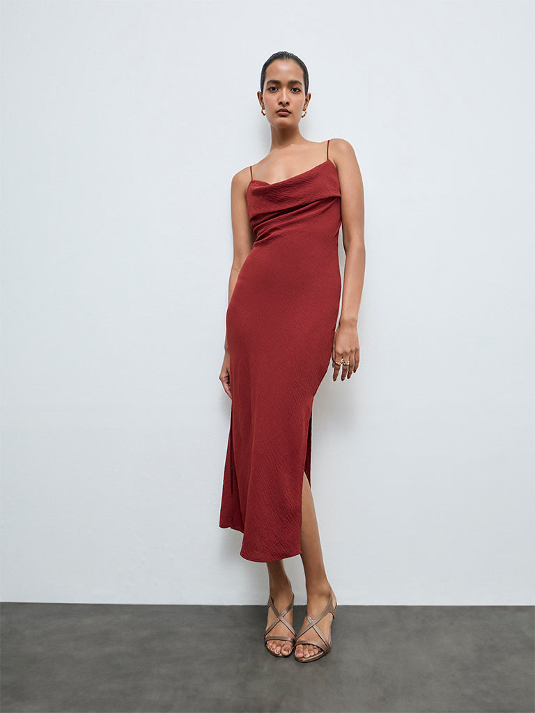open lace back dress Women Solid Red V-Neck Velvet Thigh-High Slit Straight Hem Knitted A-Line  Maxi Dress main image 1