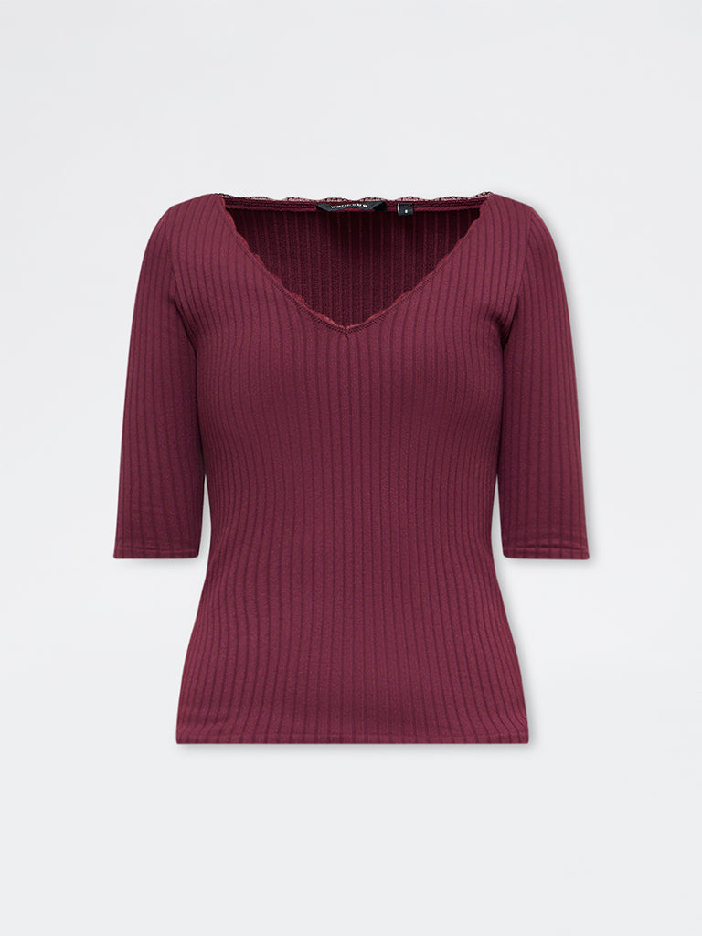 Wardrobe Burgundy Ribbed Top