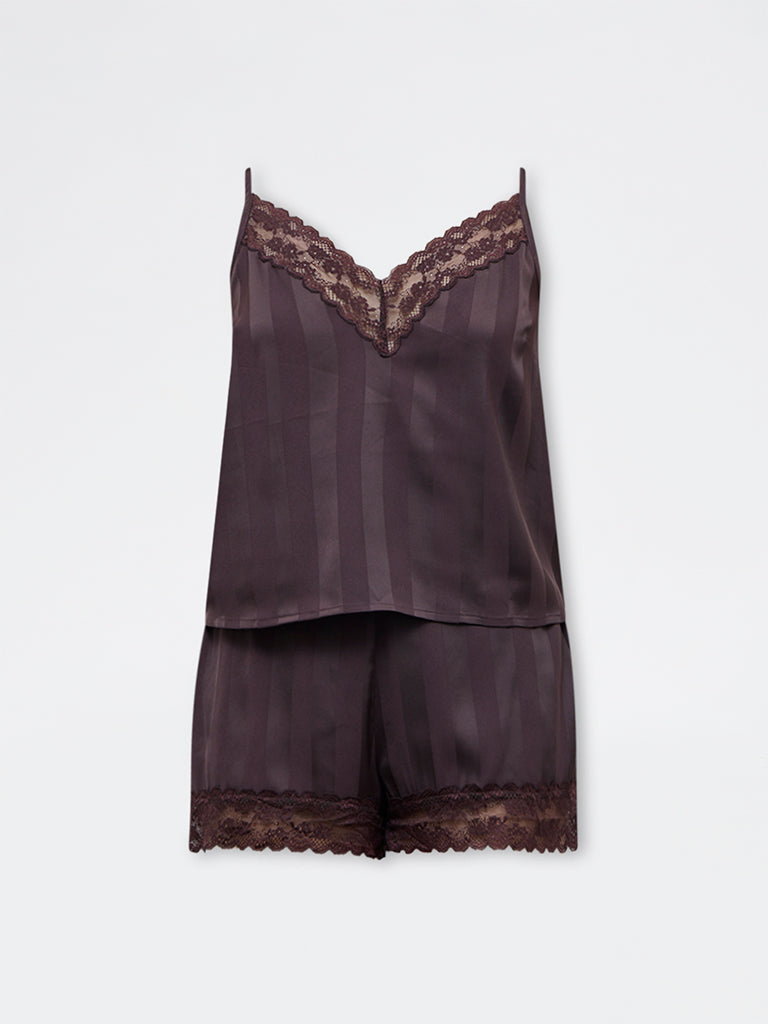 Wunderlove Dark Brown Self-Striped Camisole and Shorts Set