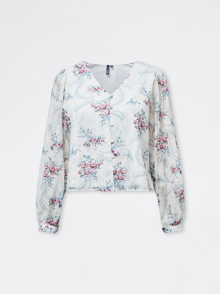 LOV White Floral Pattern Cotton-Blend Top