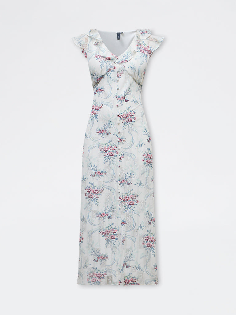 LOV White Floral Design A-Line Dress