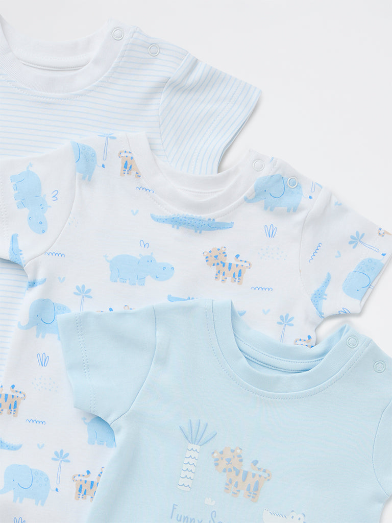 HOP Baby Boys Blue Printed Cotton Romper - Pack of 3