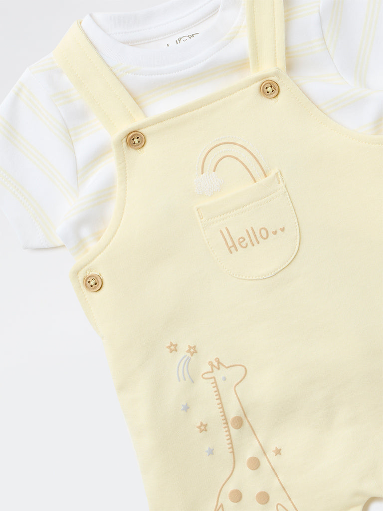 HOP Baby Boys Yellow Printed Cotton T-Shirt and Dungaree Set