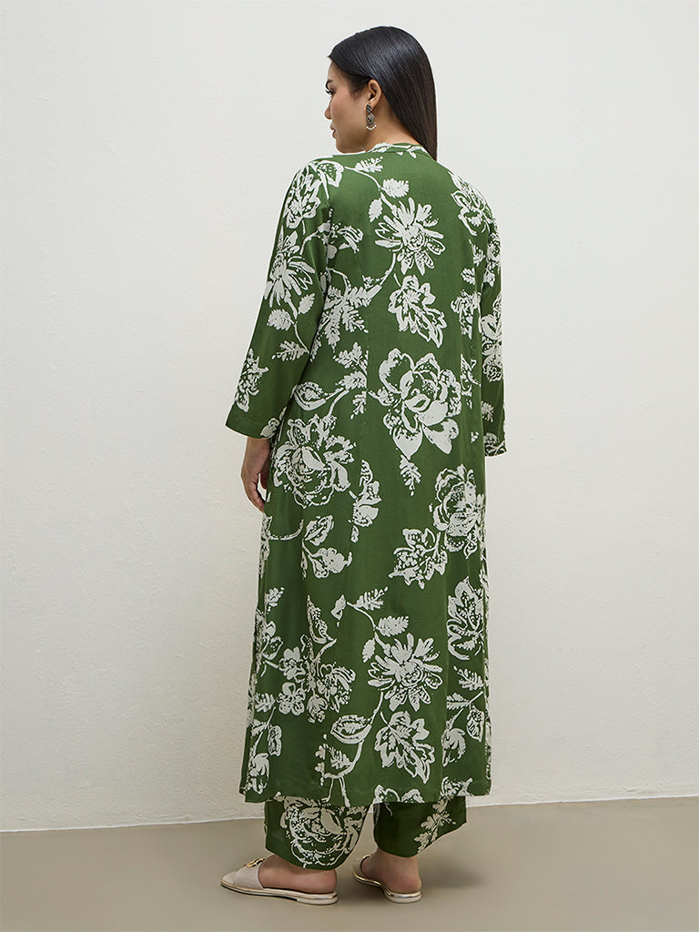 Diza Green Floral Pattern A-Line Kurta