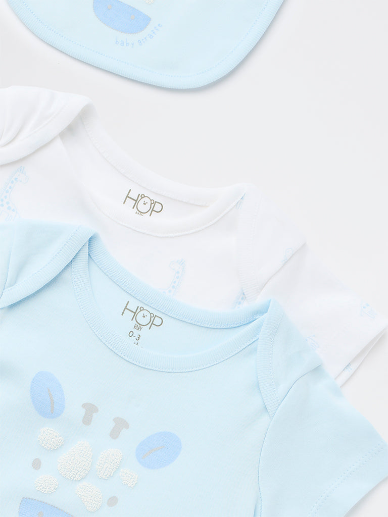 HOP Baby Boys Light Blue Cotton Romper with Bib - Pack of 2