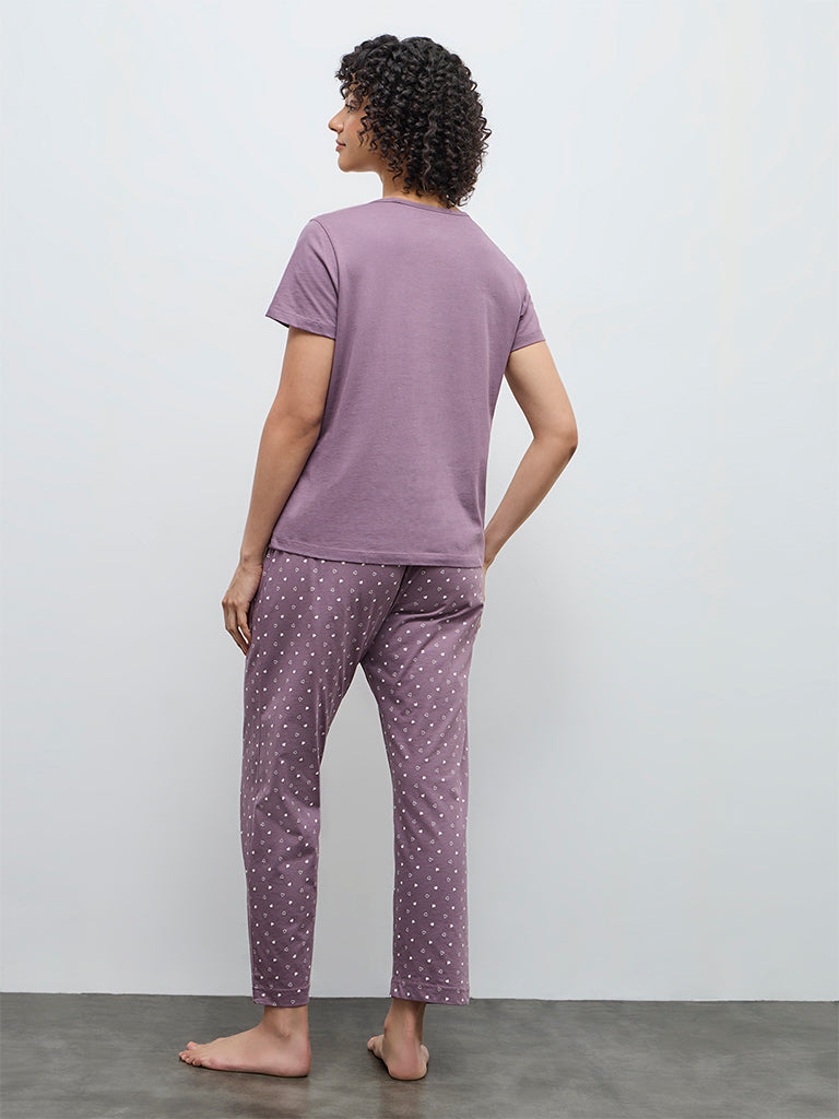 Wunderlove Purple Printed Cotton T-Shirt and Pyjamas Set