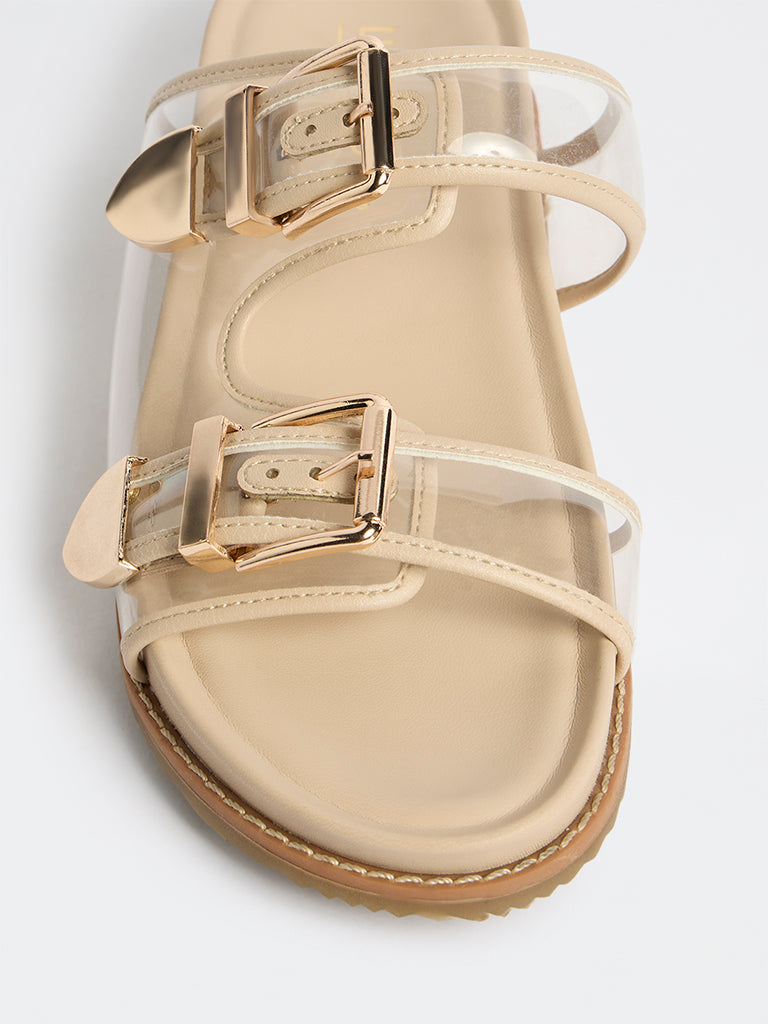 LUNA BLU Beige Dual-Strap Slip-On Comfort Sandals