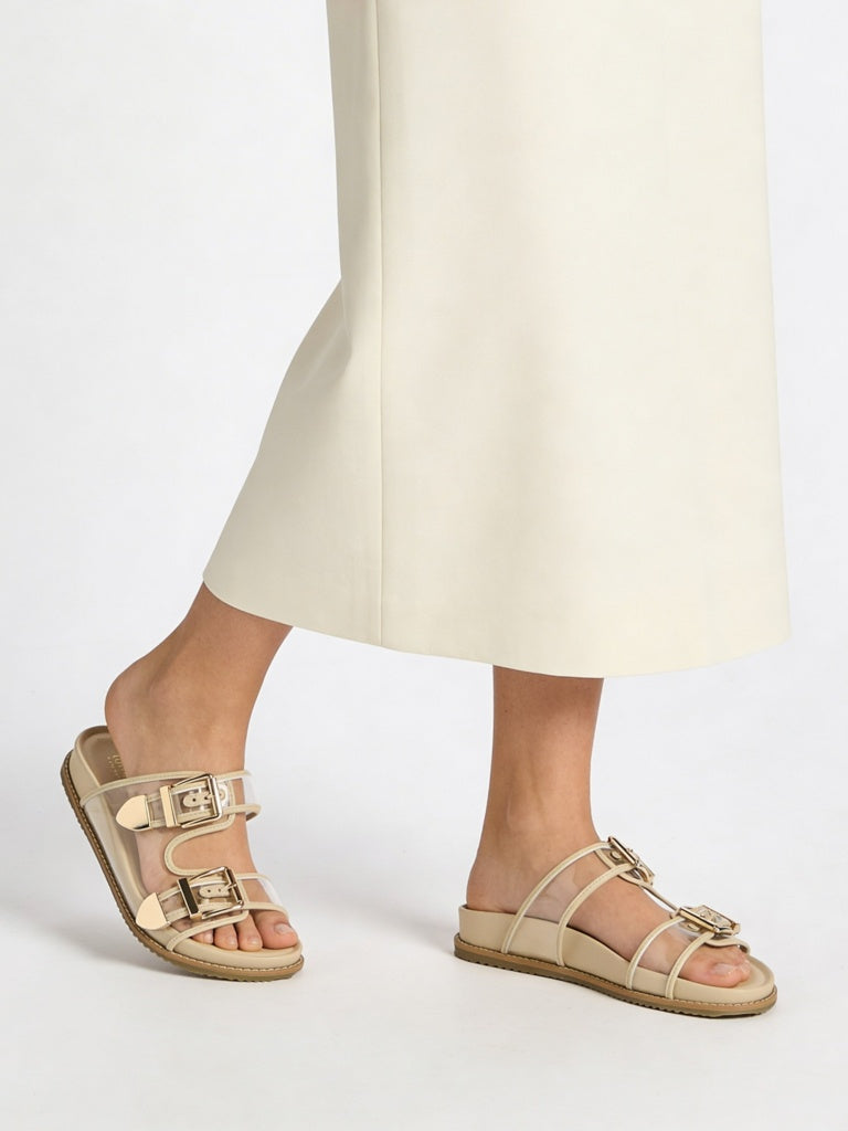 LUNA BLU Beige Dual-Strap Slip-On Comfort Sandals