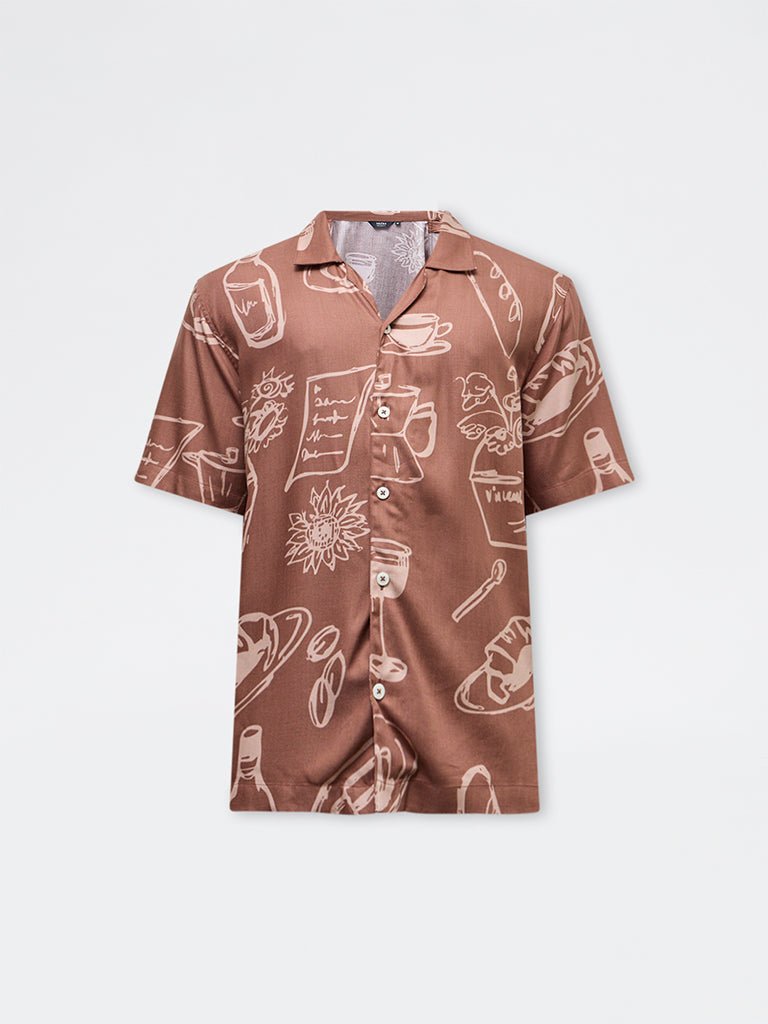 Nuon Brown Printed Relaxed-Fit Shirt