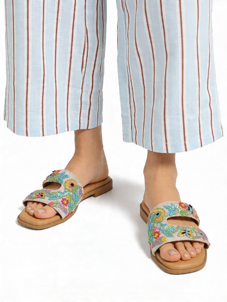 LUNA BLU Ivory Floral Embroidered Slip-On Sandals