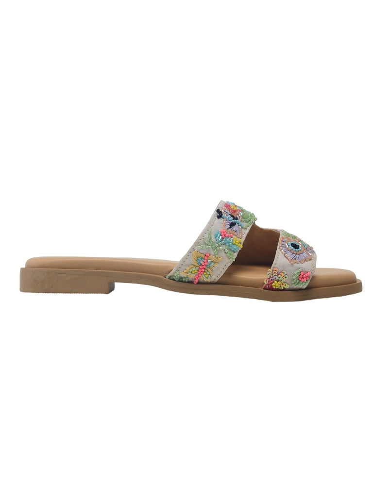 LUNA BLU Ivory Floral Embroidered Slip-On Sandals