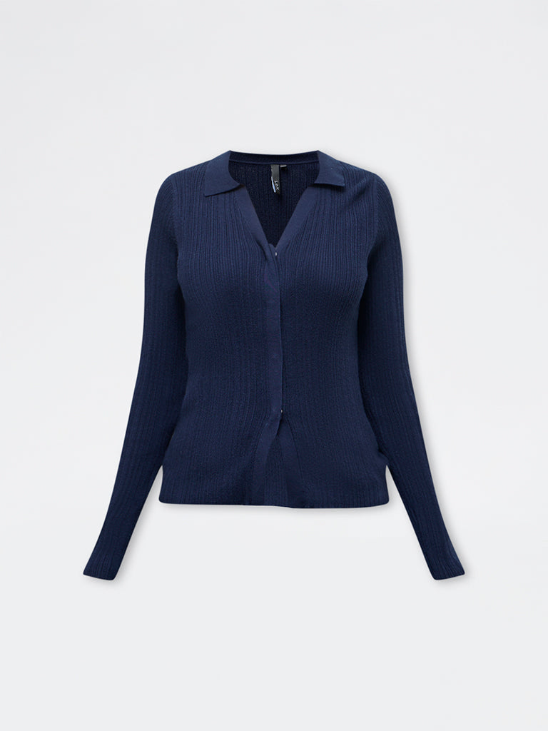 LOV Navy Ribbed-Textured Cardigan