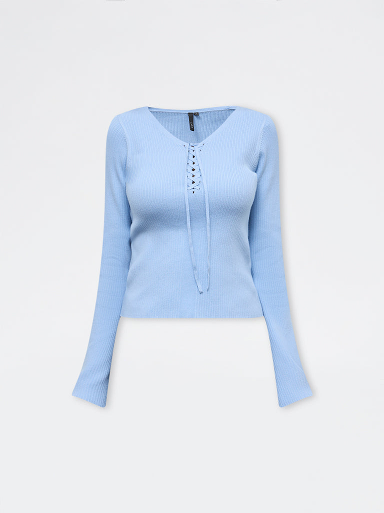 LOV Blue Ribbed-Textured Top