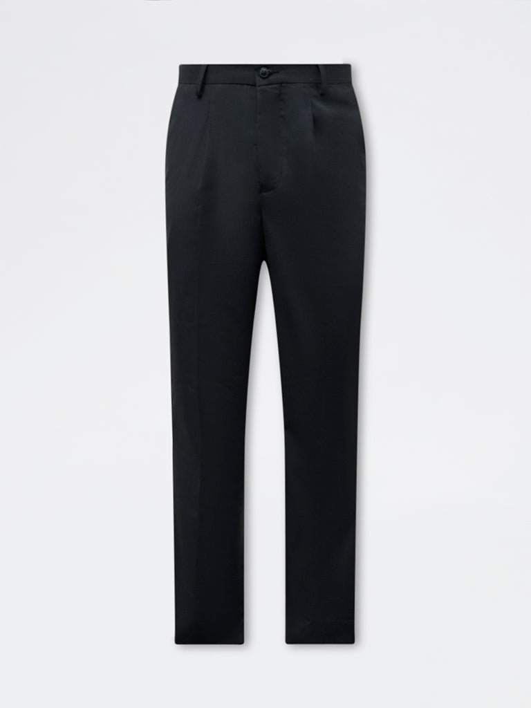 WES Formals Black Solid Slim-Fit Mid-Rise Trousers