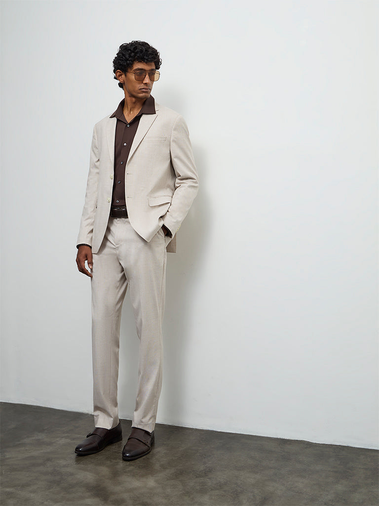 beige dress trousers Buy WES Formals Beige Checkered Relaxed-Fit Mid-Rise Trousers from Westside