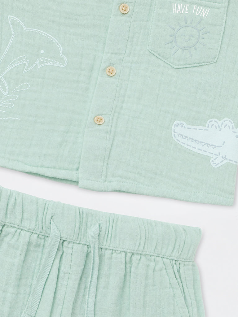 HOP Baby Boys Green Crinkle Cotton Shirt and Shorts Set