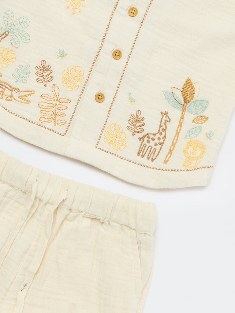 HOP Baby Boys Light Beige Jungle-Themed Cotton Shirt and Shorts Set