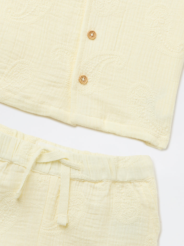 HOP Baby Boys Yellow Textured Cotton Shirt and Shorts Set