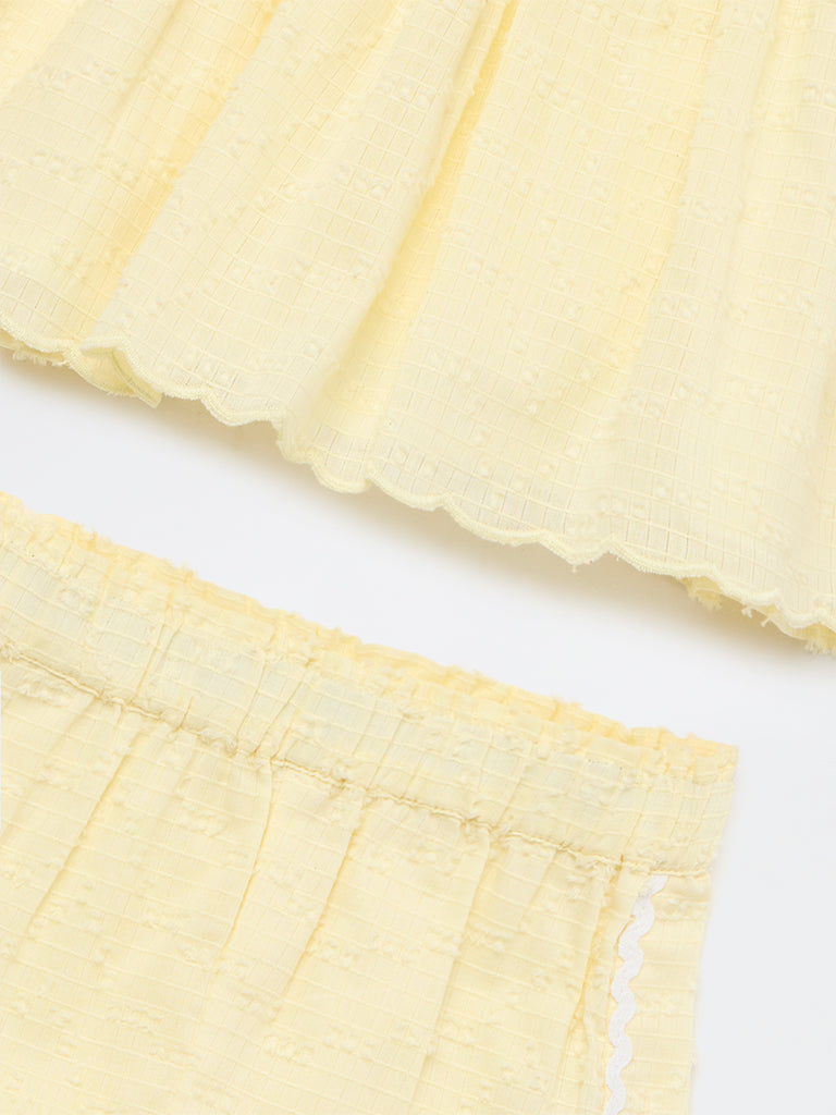 HOP Baby Girls Yellow Floral Embroidered Cotton Top and Shorts Set