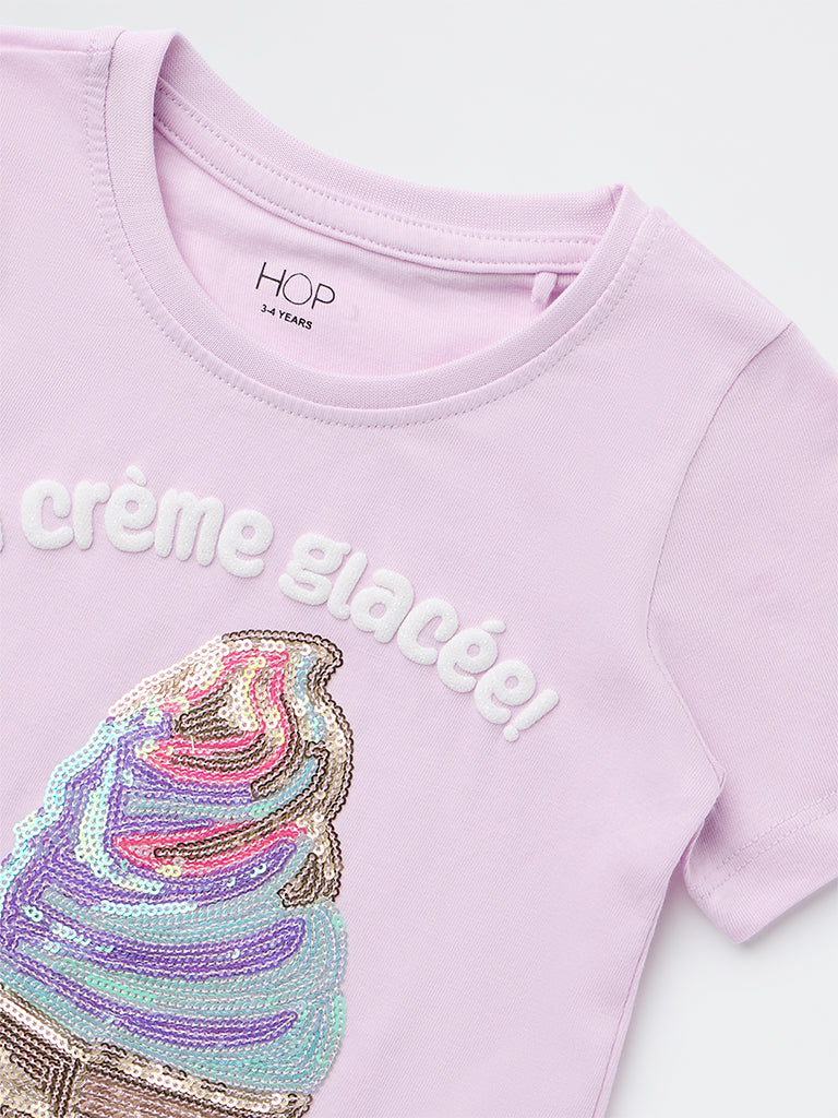HOP Kids Girls Lilac Embellished Cotton T-Shirt