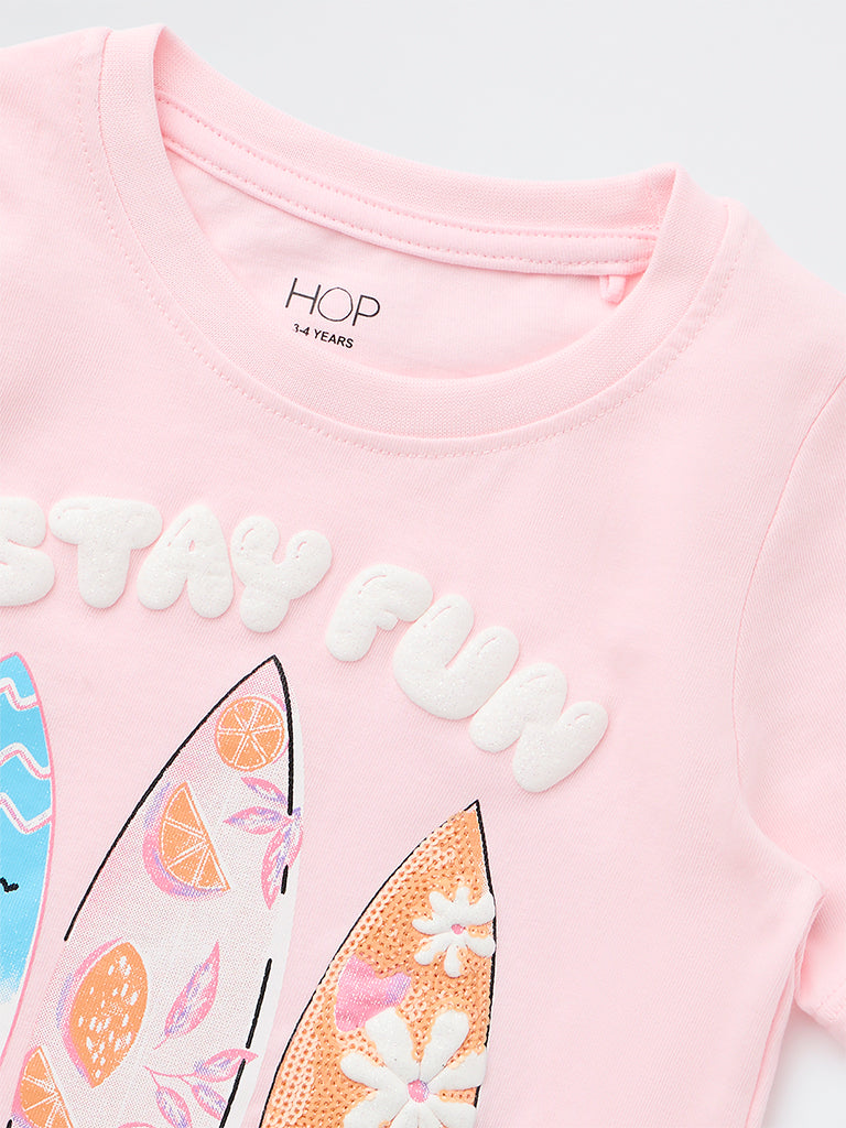 HOP Kids Girls Pink Surfboard-Inspired Cotton T-Shirt