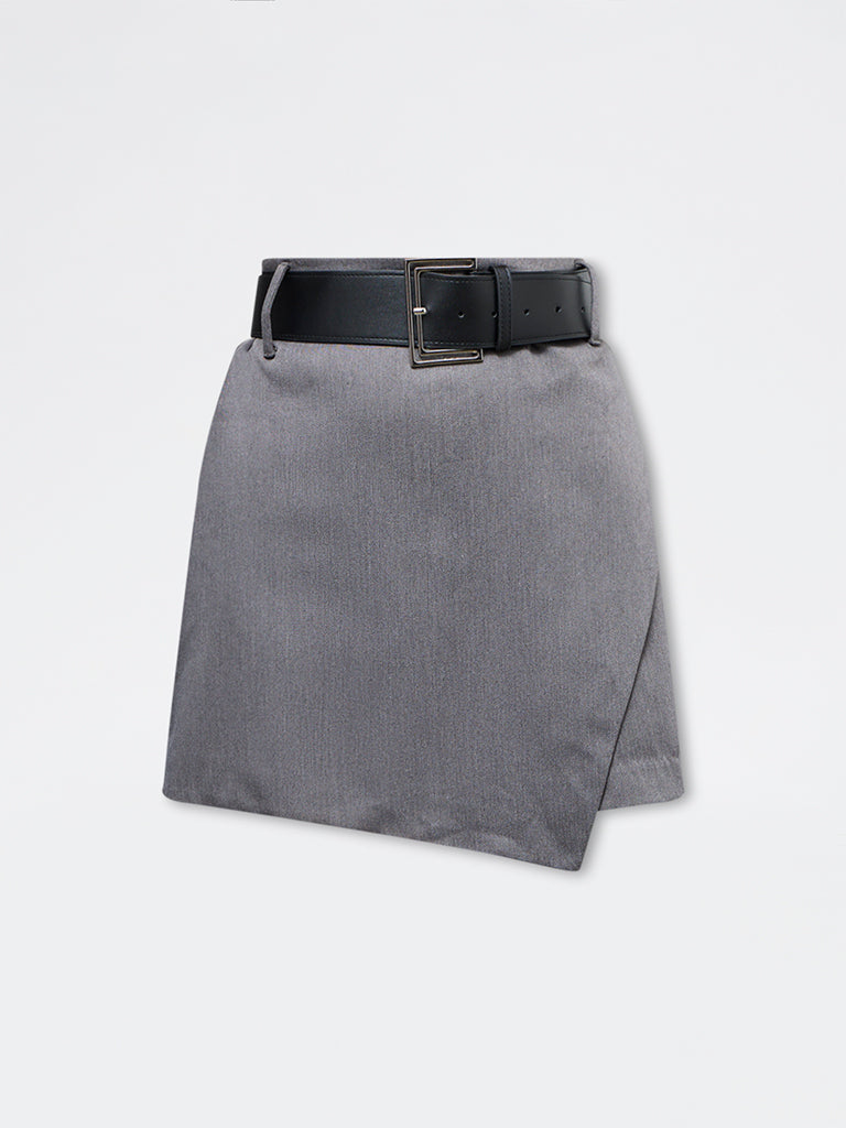 Wardrobe Grey High-Rise Cotton Skort with Belt