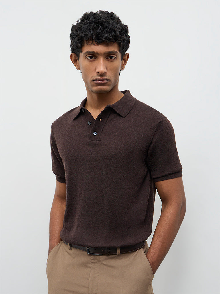 Buy WES Formals Brown Knit-Textured Relaxed-Fit Polo T-Shirt from Westside