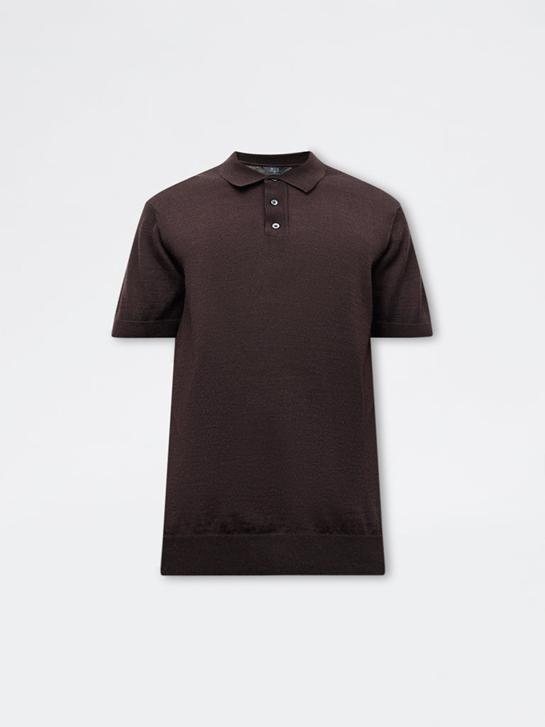 WES Formals Brown Knit-Textured Relaxed-Fit Polo T-Shirt