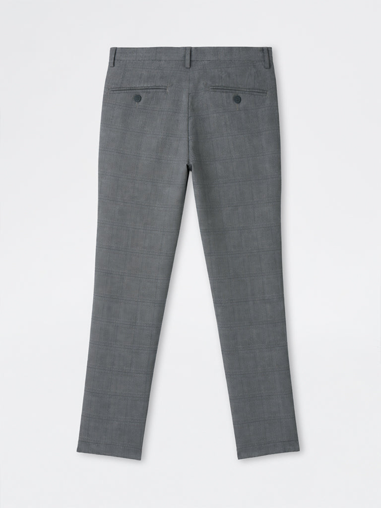 WES Formals Grey Plaid Checkered Slim-Fit Mid-Rise Trousers