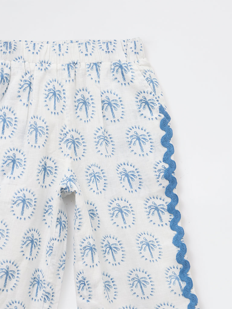 HOP Kids Girls Blue Tropical Printed High-Rise Trousers
