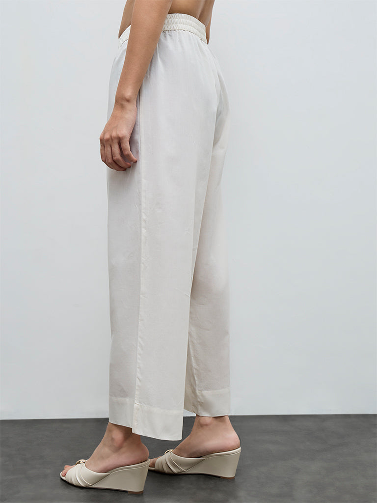 Zuba Off-White Solid Cotton Palazzos