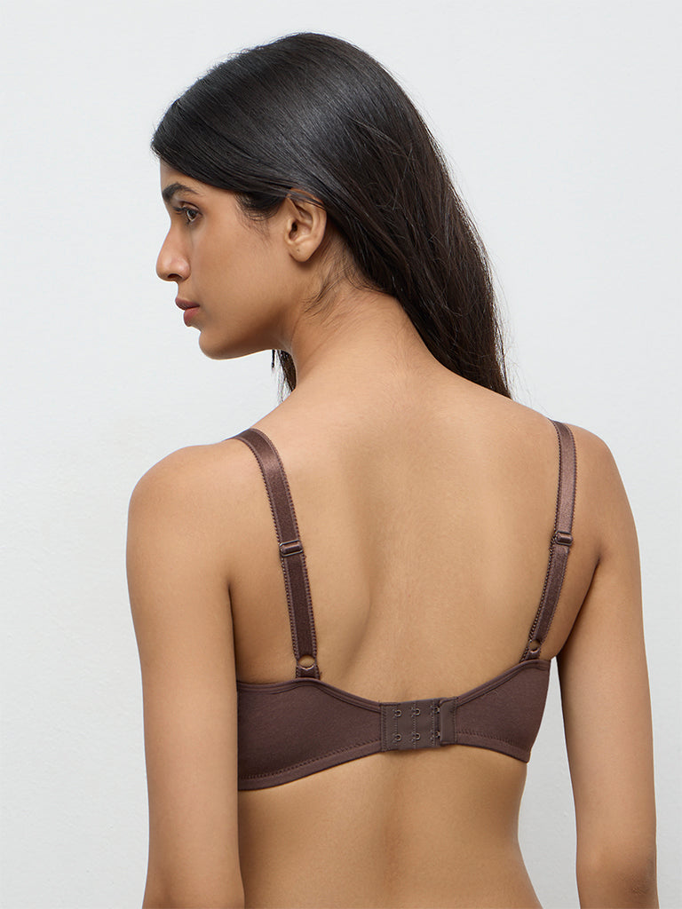 Wunderlove Brown Broderie Anglaise Non-Padded Cotton-Blend Bra