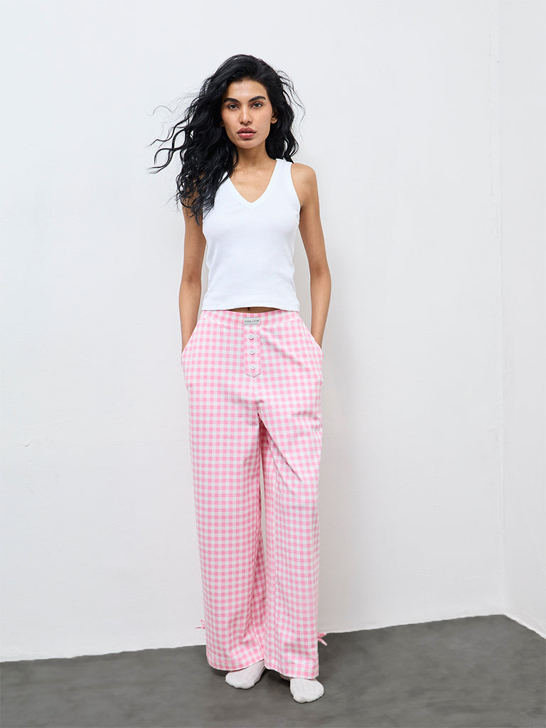 Buy Superstar Pink Gingham Checkered High-Rise Cotton-Blend Pants