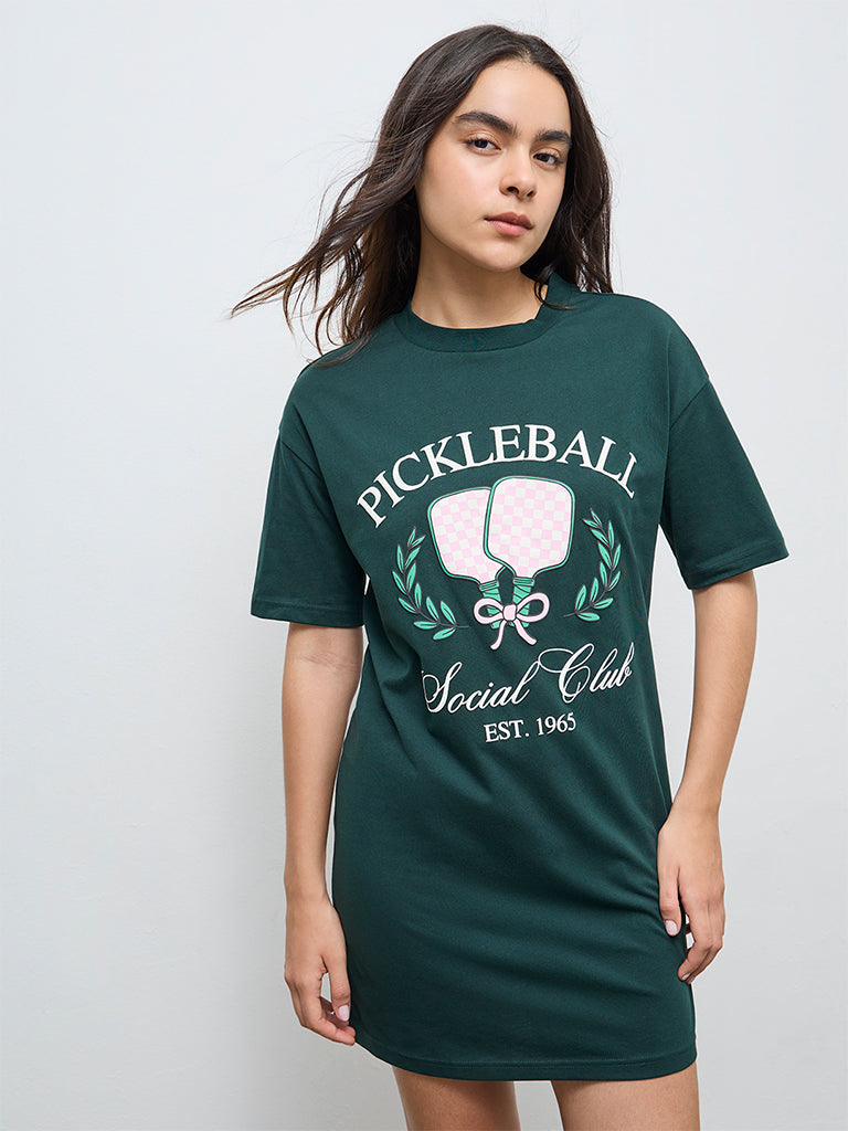 Buy Superstar Green Printed Cotton T-Shirt Dress from Westside
