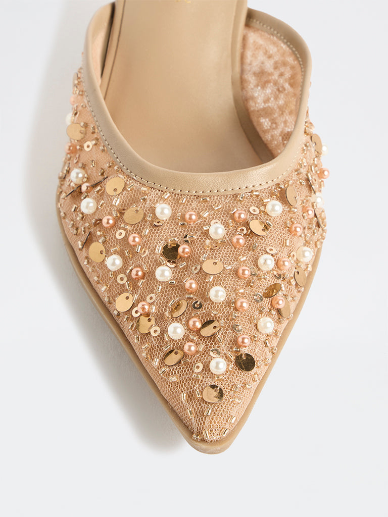 LUNA BLU Beige Embellished Kitten-Heel Mules