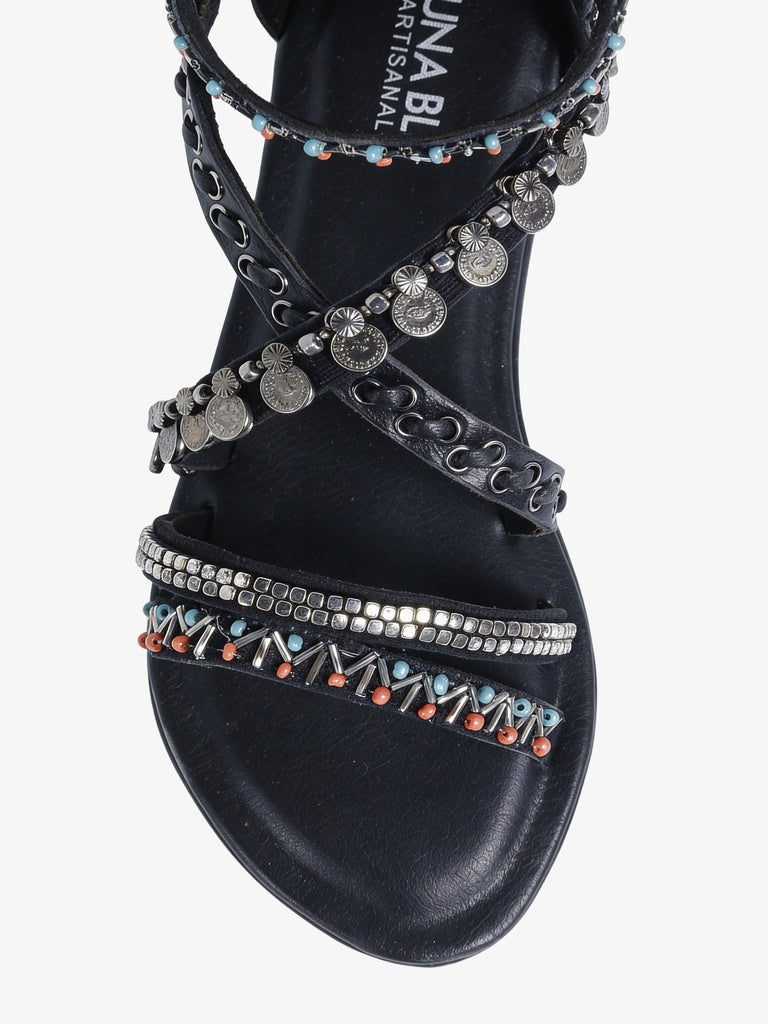 LUNA BLU Black Gladiator-Strap Flat Sandals