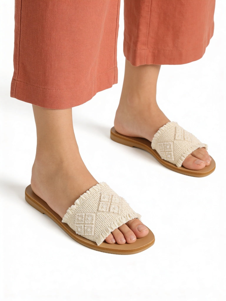 LUNA BLU Ivory Raffia Embroidered Slides